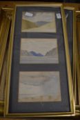 A pair of watercolour triptychs depicting coastal landscapes together with a gilt framed engraving