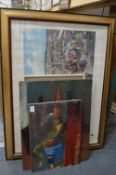 Figure subjects and still lifes, oil on board, two, together with Japanese print and Derby Day by