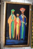Modo, three female figures in traditional costume, oil on board.