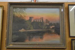 River landscape with castle ruins on a hill, oil on canvas (faults).