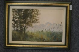 Pamela Derry, rural landscape at sunset, oil on board.