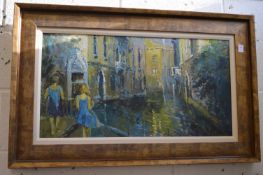 Figures by a canal with buildings, oil on canvas, in a gilt frame together with still life of a