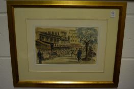 Busy Parisian street scene with figures outside a restaurant.