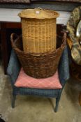Two wicker baskets and a wicker chair.