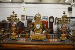 A good large Louis XVI design bronze, ormolu and marble three piece clock garniture, the clock of