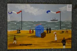 Margaret Chapman, two small oil paintings depicting figures by the sea, one unframed.