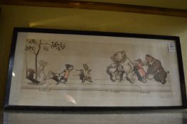 An amusing print of dogs and a cat.