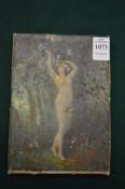 A small portrait of a standing female nude in a wooded landscape, oil on canvas, possibly over a