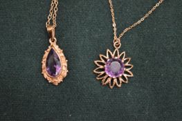 9ct gold and amethyst pendant with chain together with a similar pendant and chain.