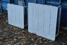 Two white painted low garden tables.