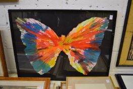 In the manner of Damien Hirst, a large butterfly spin painting, framed and glazed.
