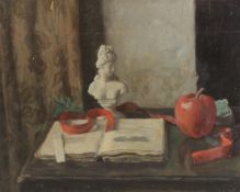 GEORGE WEISSBORT (1928 - 2013). Still Life. A bust, open book and apple. Unframed, board. 13