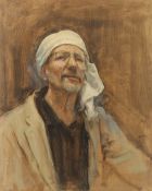 GEORGE WEISSBORT (1928 - 2013). Portrait of the artist in a white turban. Unframed, panel. 24