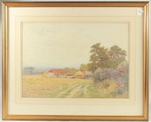 A summer landscape with a track to farm buildings, watercolour, 14.75