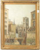 DENMAN. Town scene with bell tower. Signed, oil on board. 20