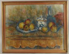 GEORGE WEISSBORT (1928 - 2013). Still Life. Apples pear and blue decanter on a shelf. Watercolour.