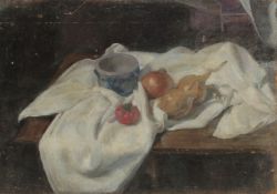 GEORGE WEISSBORT (1928 - 2013). Still Life. Garlic, tomato and a bowl on a ledge. Unframed, board.