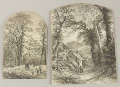 Follower of SAMUEL PALMER. Rural scenes, pen and ink on card, shaped tops. 7.5