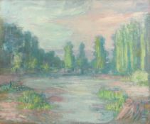 GEORGE WEISSBORT (1928 - 2013). Lakeland scene with trees. Unframed, board. 19.5