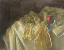 GEORGE WEISSBORT (1928 - 2013). Still Life. Grapes, a tankard and apple on a cloth. Unframed, canvas
