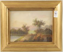 ENGLISH SCHOOL. A woman on a pathway beside a pond, oil on panel. 6