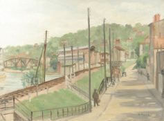 S. ROCHE. Industrial street scene overlooking the Seine, oil on canvas. Signed and dated 1937. 23.5