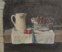 GEORGE WEISSBORT (1928 - 2013). Still Life. A jug and grapes in a bowl. Oil on board, unframed.