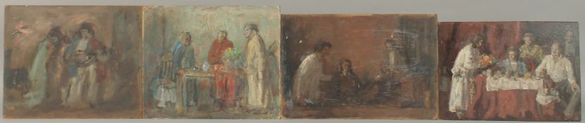 GEORGE WEISSBORT (1928 - 2013). Four small oil studies with figures. Unframed boards. 8