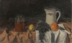 GEORGE WEISSBORT (1928 - 2013). Still Life. A jar, a jug and fruit on a cloth. Signed and dated
