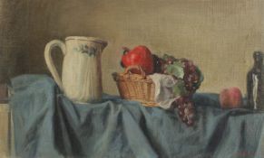 GEORGE WEISSBORT (1928 - 2013). Still Life. A jug and a basket of fruit. Oil on board, unframed. 15