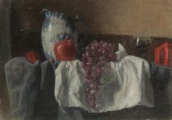 GEORGE WEISSBORT (1928 - 2013). Still Life. A blue and white jug, tomatoes and grapes on a white