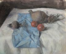 GEORGE WEISSBORT (1928 - 2013). Vegetables on a blue cloth. Watercolour, unframed. 8