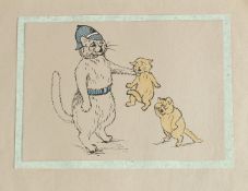 After Louis Wain, a hand-coloured print of three cats, 5.25