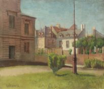 LEDWALD. Continental town scene with buildings and trees. Signed on canvas, unframed, 18