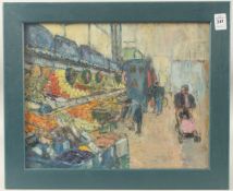 LOUELLA GWILLIM (1930 - 2023). Mr Fruit, Newport Market, Gwent, oil on board. 11
