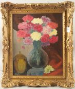 ENGLISH SCHOOL. Still Life. Carnations in a glass vase, oil on board. 15.5