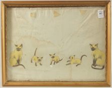 Watercolour study of Siamese cats and kittens on silk. 11