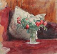 GEORGE WEISSBORT (1928 - 2013). Roses in a glass jug on a red settle. Watercolour, unframed. 7.25