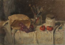 GEORGE WEISSBORT (1928 - 2013). Still Life. Paint brushes in a glass jar and fruit on a white cloth.