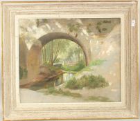 ENGLISH SCHOOL. An arched bridge over a river. Oil on canvas. 18