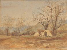 Circa 1893, a view of camps in a Continental alpine valley, inscribed verso 'Carbiniere Marche