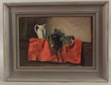 GEORGE WEISSBORT (1928 - 2013). Still Life. A jug, grapes and fruit on an orange cloth. Board. 9