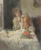 GEORGE WEISSBORT (1928 - 2013). Interior. A young lady, a samovar and a chalice on a white cloth.