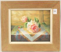 J. HOWARD. Still life of flowers on a ledge before a fence, oil on board. Signed. 8