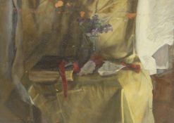 GEORGE WEISSBORT (1928 - 2013). Still Life. A shell, a vase of flowers and a book on a shelf.