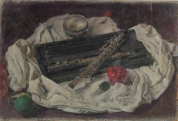GEORGE WEISSBORT (1928 - 2013). Still Life. A flute, its case and tomatoes. Unframed, canvas on