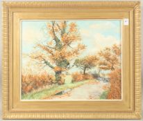 MICHAEL WOOD. An old man and his dog on a country lane with trees, oil on canvas. Signed. 16