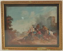 19TH CENTURY CONTINENTAL SCHOOL. Battle scene with horses, castle and cannons, oil, possibly on