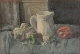 GEORGE WEISSBORT (1928 - 2013). Still Life. Garlic and jug. Unframed, canvas on board. 15