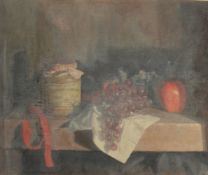 GEORGE WEISSBORT (1928 - 2013). Still Life. A jar of mustard, apples and grapes on a ledge.